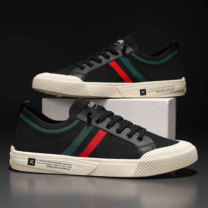 Men's lace-up sneakers with contrasting striped sides and flat soles
