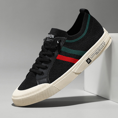 Men's lace-up sneakers with contrasting striped sides and flat soles