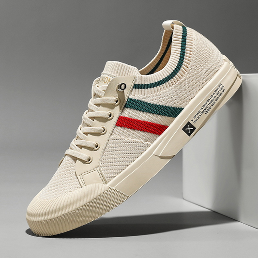 Men's lace-up sneakers with contrasting striped sides and flat soles