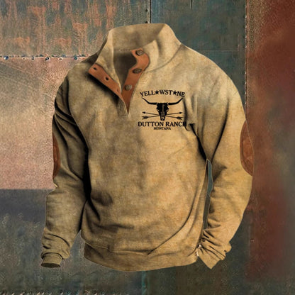 Men's long-sleeve pullover sweater with stand collar, button placket, chest graphic and elbow patches