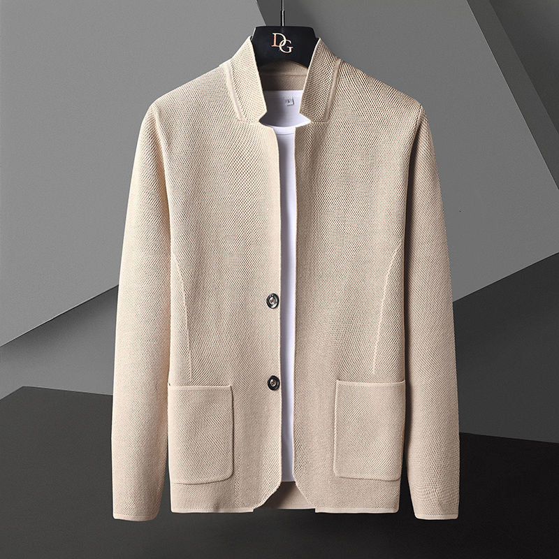 Men's knit cardigan with stand collar and patch pockets