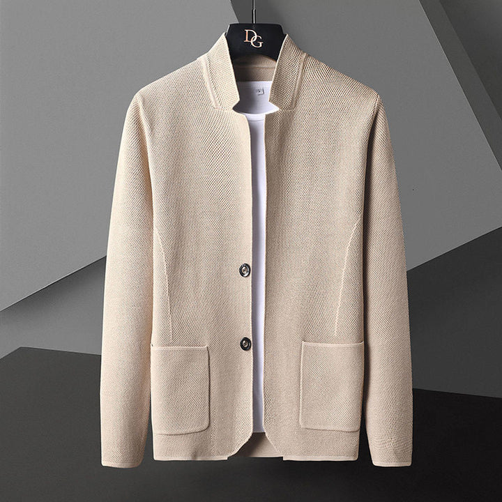 Men's knit cardigan with stand collar and patch pockets