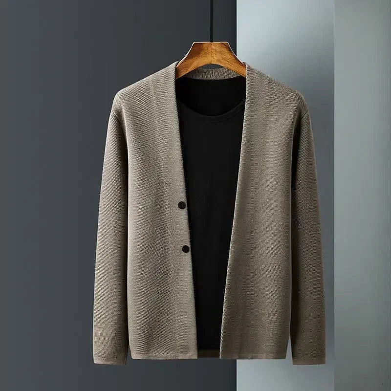 Men's long-sleeve knit cardigan with V-neck and button front