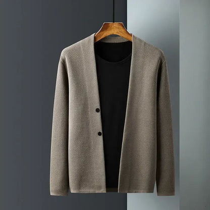 Men's long-sleeve knit cardigan with V-neck and button front