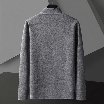 Men's knit cardigan with stand collar and patch pockets