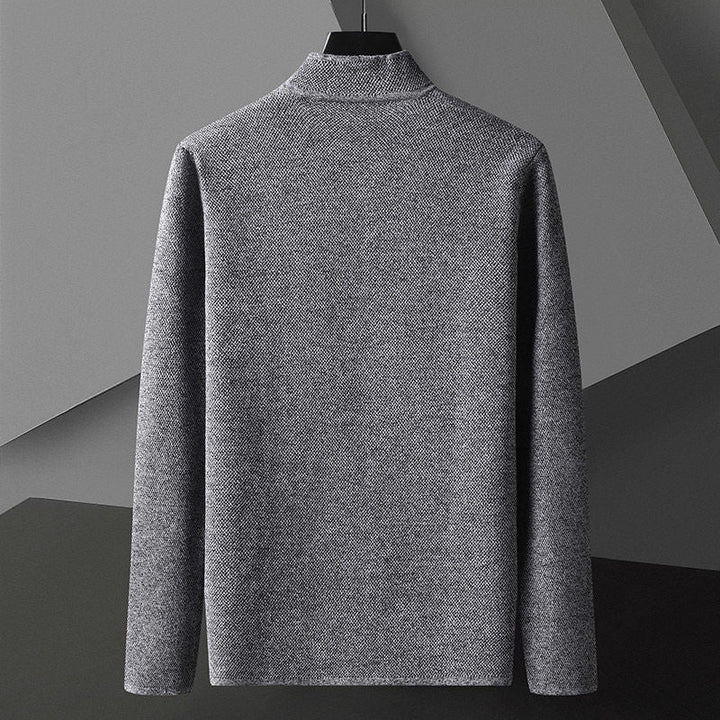 Men's knit cardigan with stand collar and patch pockets