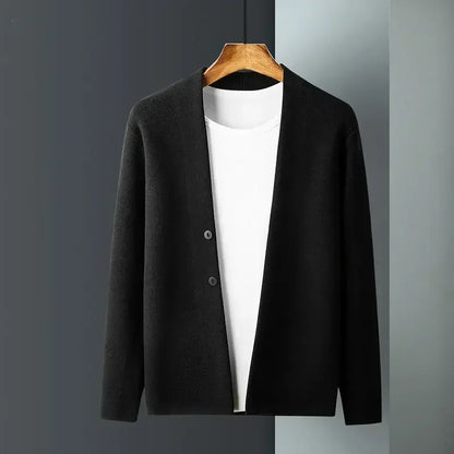 Men's long-sleeve knit cardigan with V-neck and button front