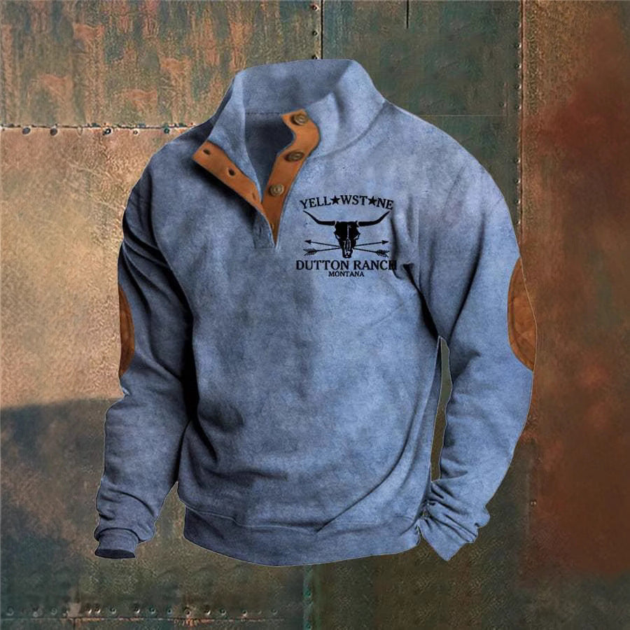 Men's long-sleeve pullover sweater with stand collar, button placket, chest graphic and elbow patches