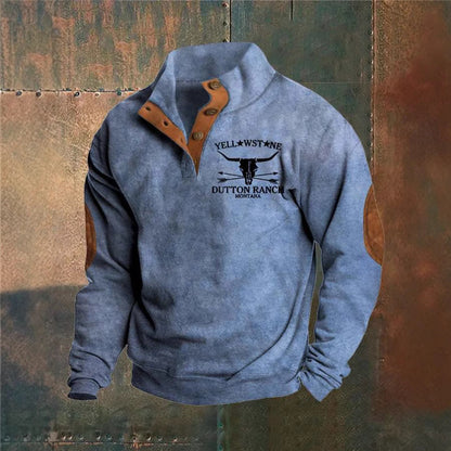 Men's long-sleeve pullover sweater with stand collar, button placket, chest graphic and elbow patches