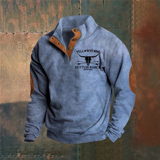 Men's long-sleeve pullover sweater with stand collar, button placket, chest graphic and elbow patches