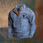 Men's long-sleeve pullover sweater with stand collar, button placket, chest graphic and elbow patches
