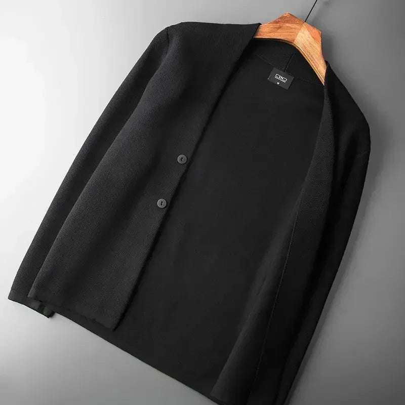 Men's long-sleeve knit cardigan with V-neck and button front