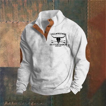 Men's long-sleeve pullover sweater with stand collar, button placket, chest graphic and elbow patches