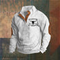 Men's long-sleeve pullover sweater with stand collar, button placket, chest graphic and elbow patches