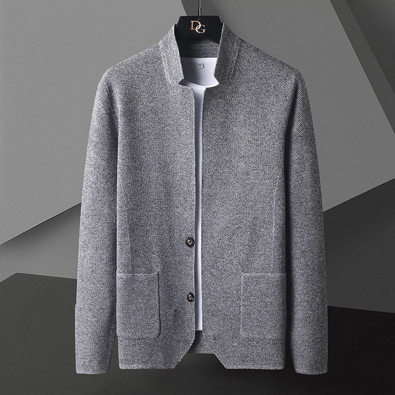 Men's knit cardigan with stand collar and patch pockets