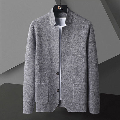Men's knit cardigan with stand collar and patch pockets