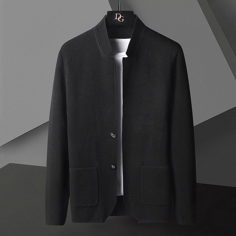 Men's knit cardigan with stand collar and patch pockets