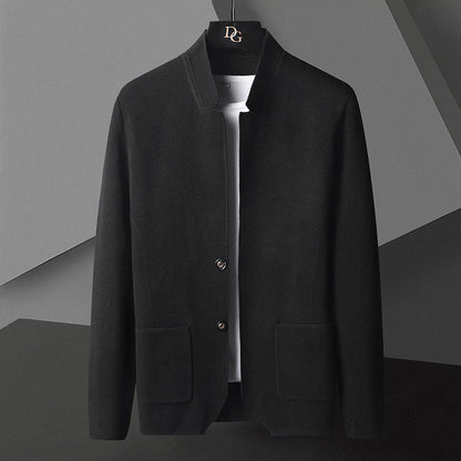 Men's knit cardigan with stand collar and patch pockets