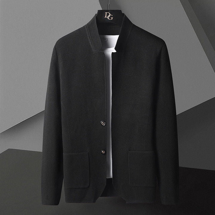 Men's knit cardigan with stand collar and patch pockets