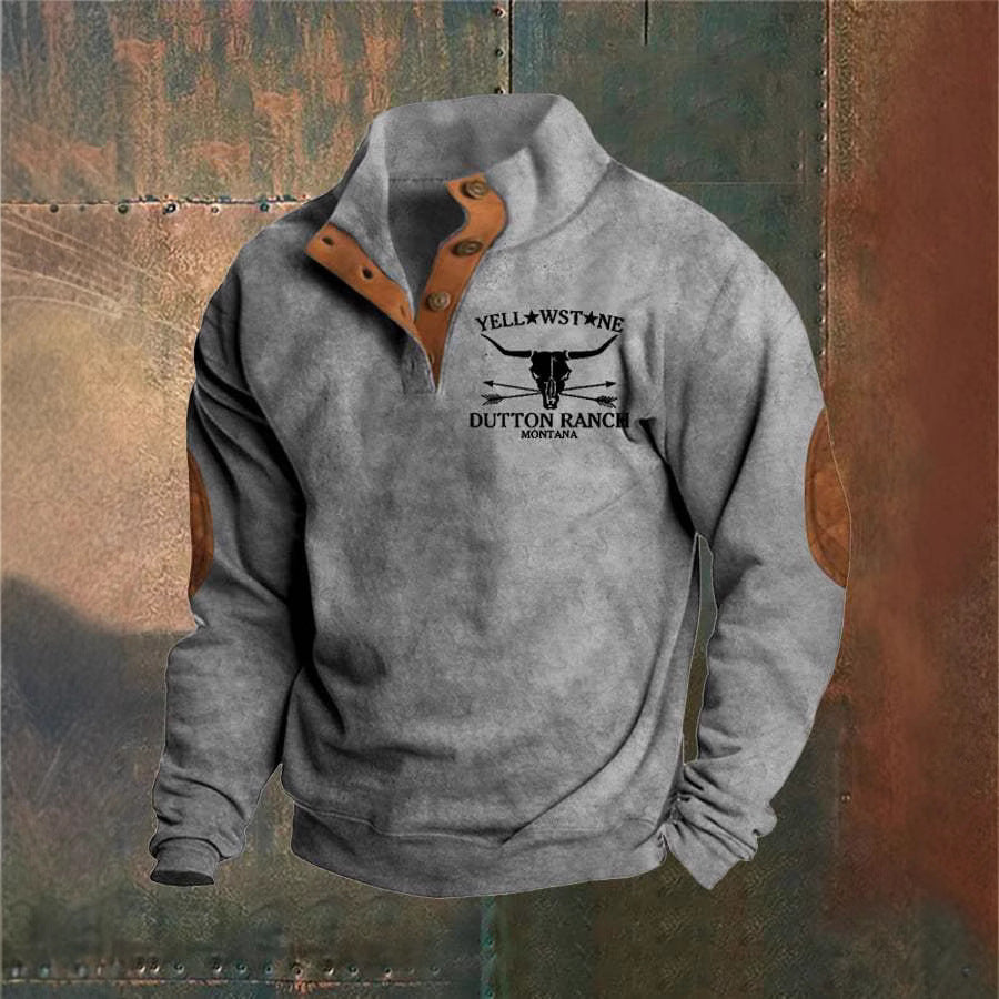 Men's long-sleeve pullover sweater with stand collar, button placket, chest graphic and elbow patches