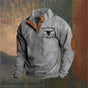 Men's long-sleeve pullover sweater with stand collar, button placket, chest graphic and elbow patches