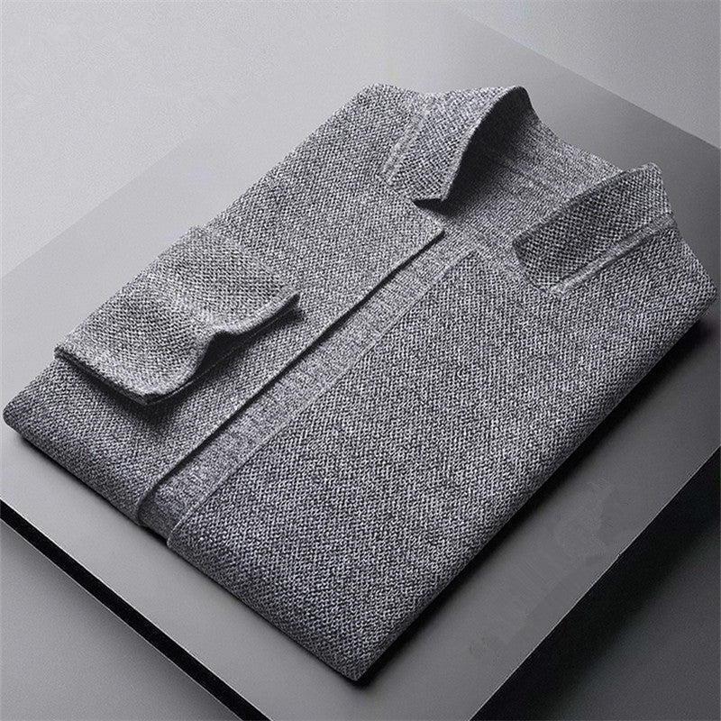 Men's knit cardigan with stand collar and patch pockets
