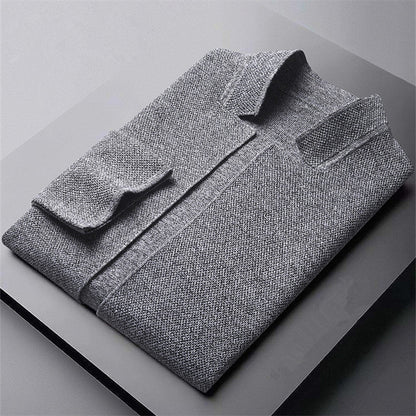 Men's knit cardigan with stand collar and patch pockets