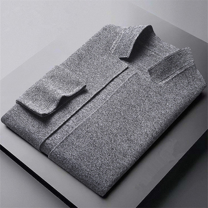 Men's knit cardigan with stand collar and patch pockets