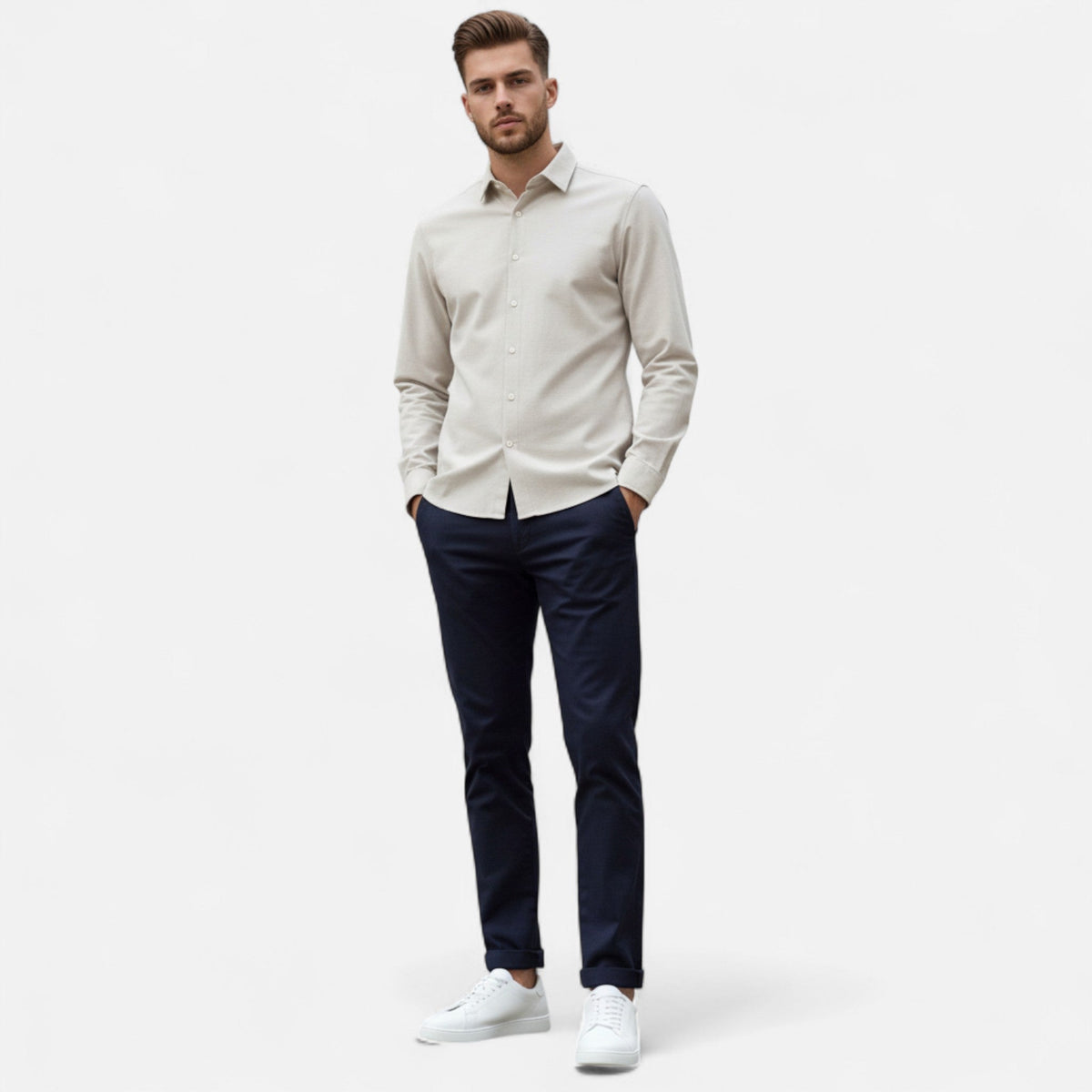 Men's white low-top lace-up sneakers with round toes and flat soles