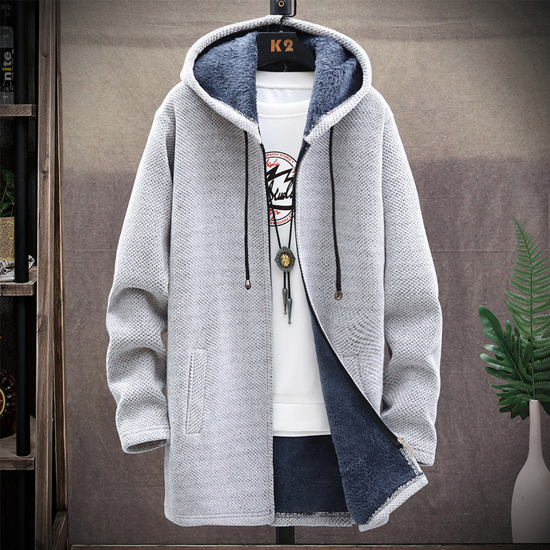 Men's hooded longline jacket with full-zip front, drawstring hood and front pockets