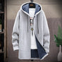 Men's hooded longline jacket with full-zip front, drawstring hood and front pockets