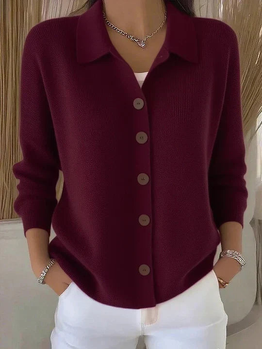 Women's long-sleeve collared cardigan with button front and hip-length hem