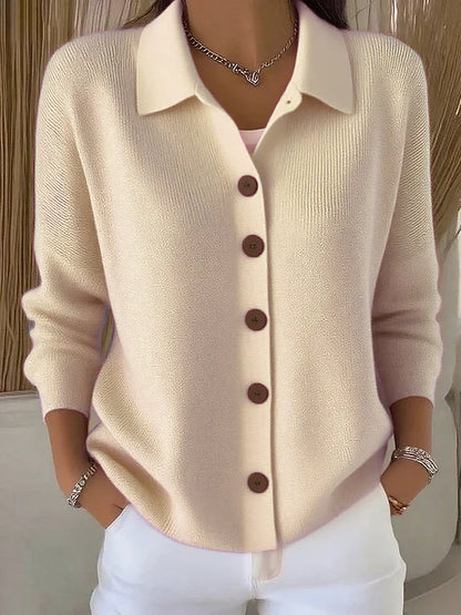 Women's long-sleeve collared cardigan with button front and hip-length hem