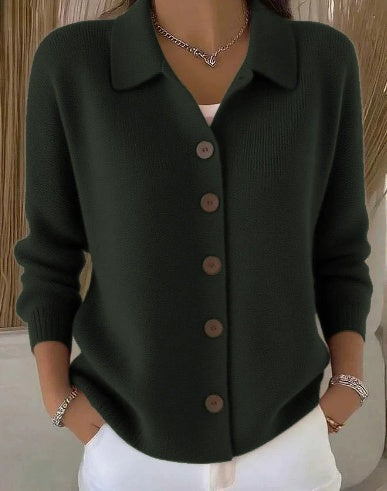 Women's long-sleeve collared cardigan with button front and hip-length hem