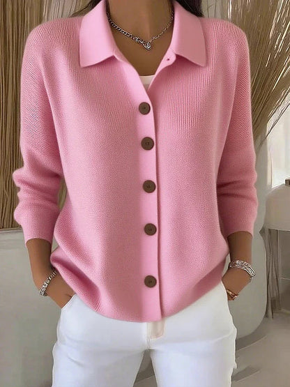 Women's long-sleeve collared cardigan with button front and hip-length hem