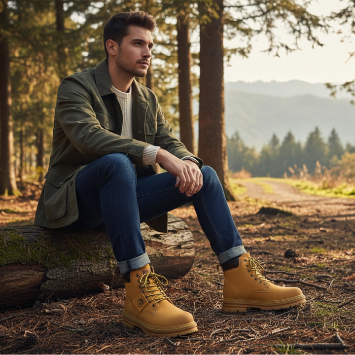 Men's lace-up work boots with round toes and rugged lug soles