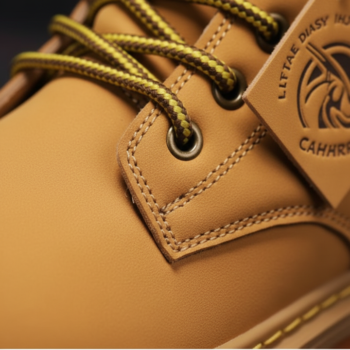 Men's lace-up work boots with round toes and rugged lug soles