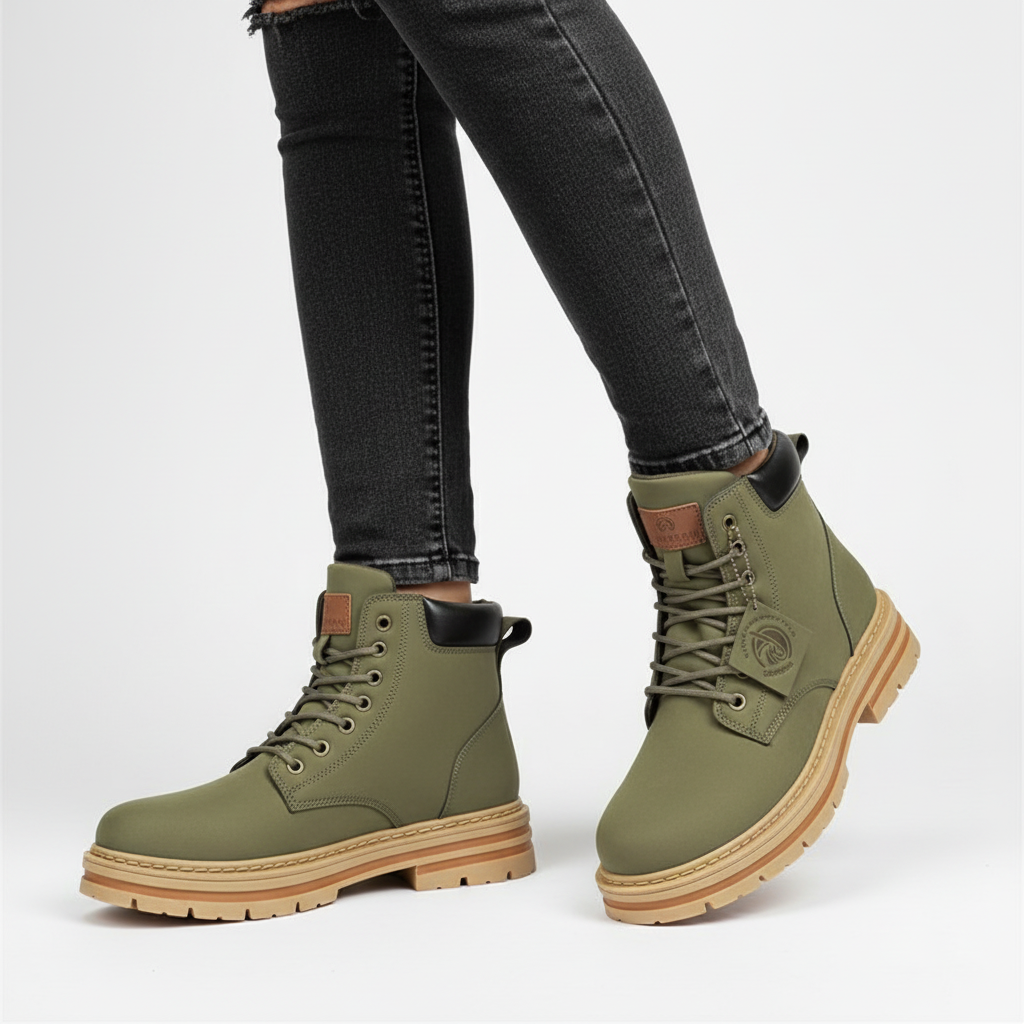 Men's lace-up work boots with round toes and rugged lug soles
