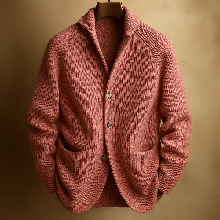Women's ribbed knit cardigan with shawl collar and patch pockets
