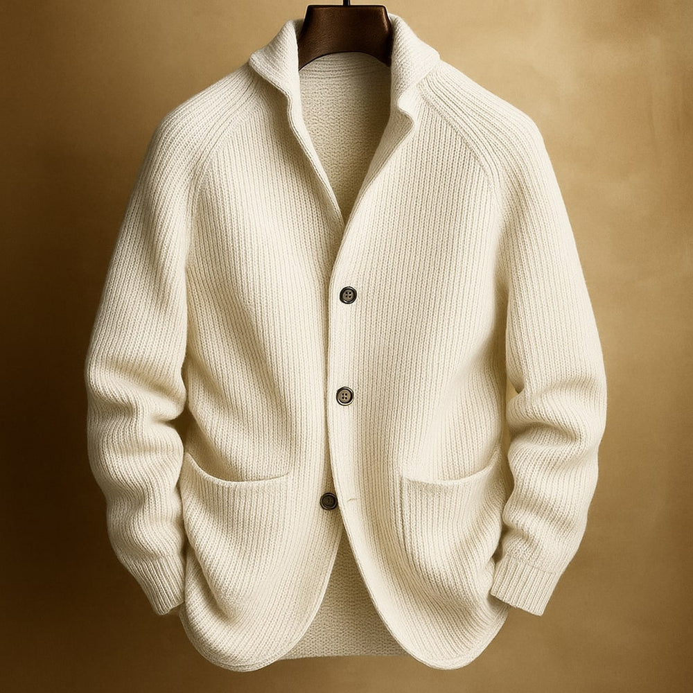 Women's ribbed knit cardigan with shawl collar and patch pockets