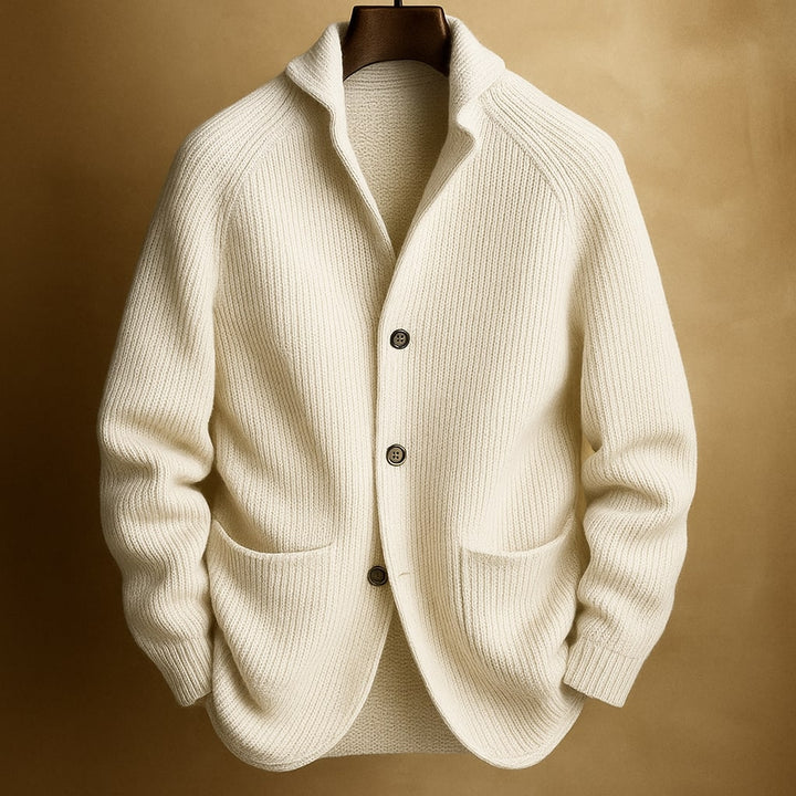 Women's ribbed knit cardigan with shawl collar and patch pockets