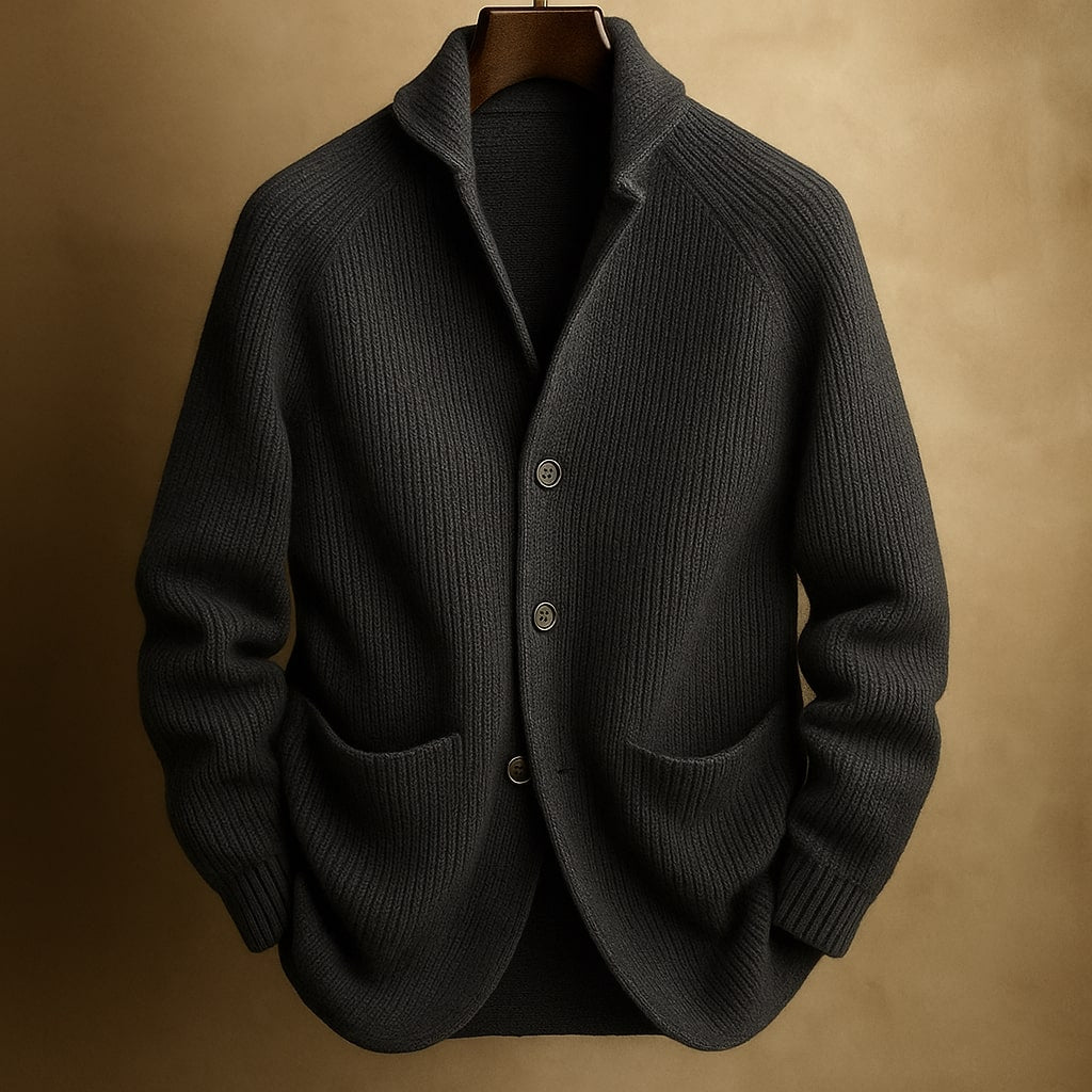 Women's ribbed knit cardigan with shawl collar and patch pockets