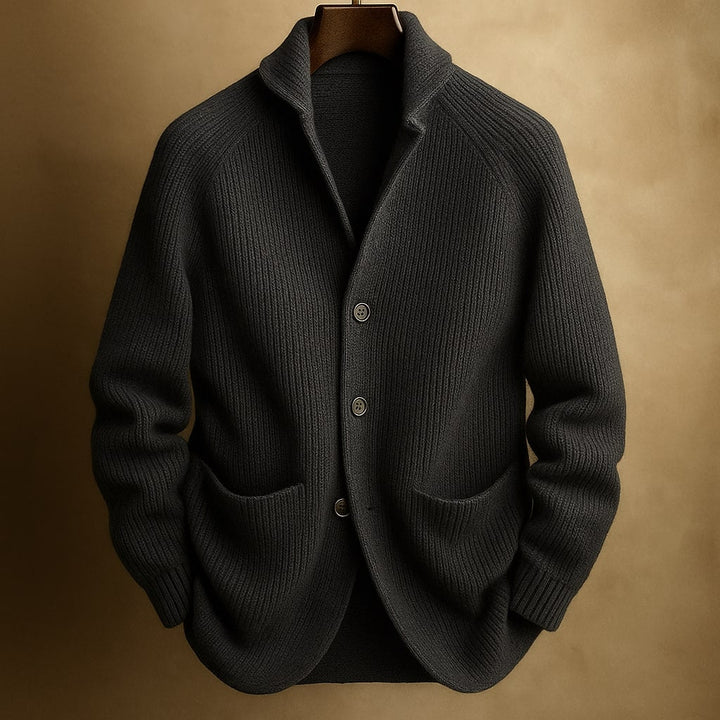 Women's ribbed knit cardigan with shawl collar and patch pockets