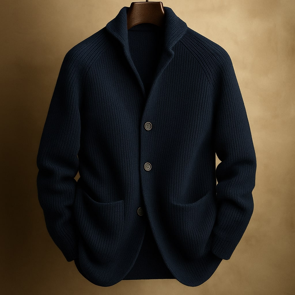 Women's ribbed knit cardigan with shawl collar and patch pockets