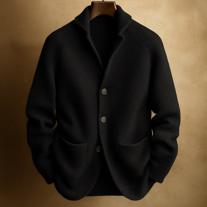Women's ribbed knit cardigan with shawl collar and patch pockets
