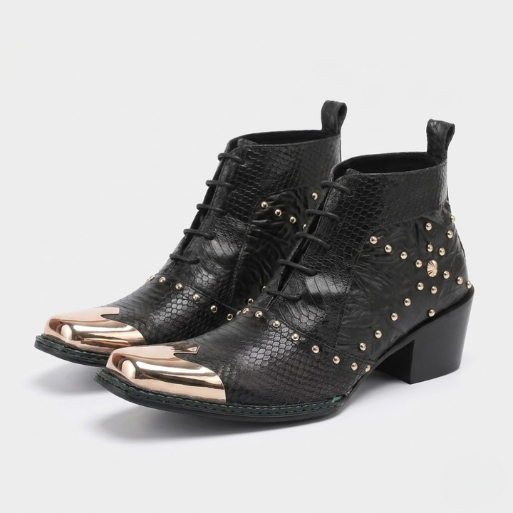Men's western cowboy boots with serpentine print and metal studs, metal-capped toe