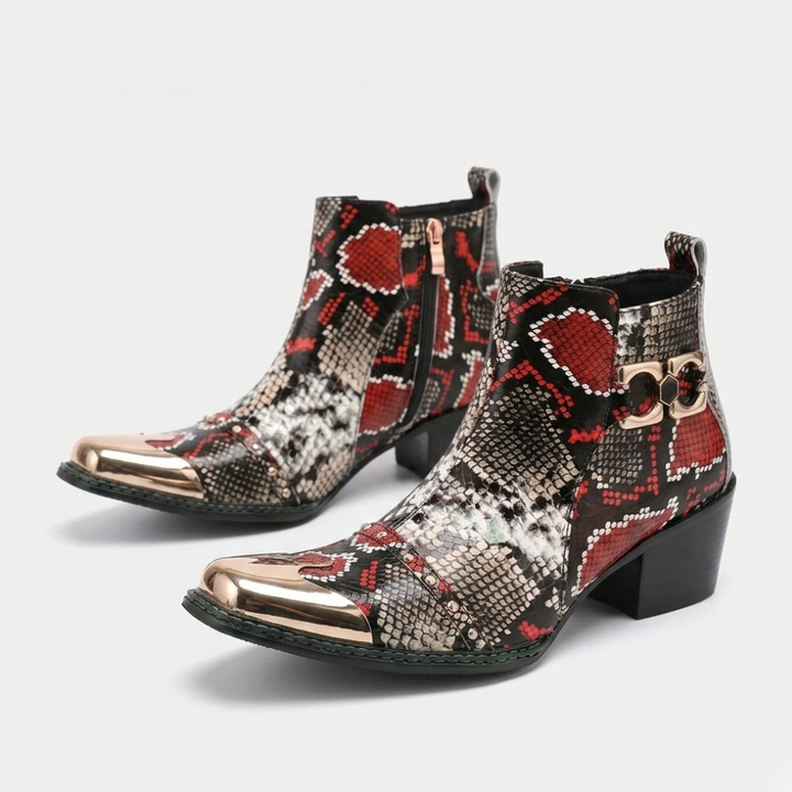 Men's western cowboy boots with serpentine print and metal studs, metal-capped toe