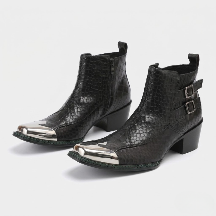 Men's western cowboy boots with serpentine print and metal studs, metal-capped toe