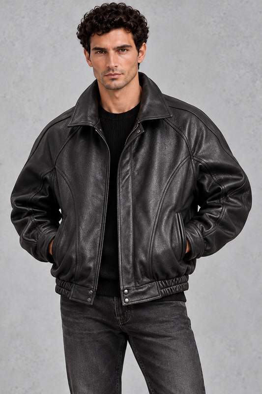 Men's black panelled bomber jacket with stand collar, zip front and elasticated hem