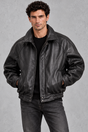 Men's black panelled bomber jacket with stand collar, zip front and elasticated hem